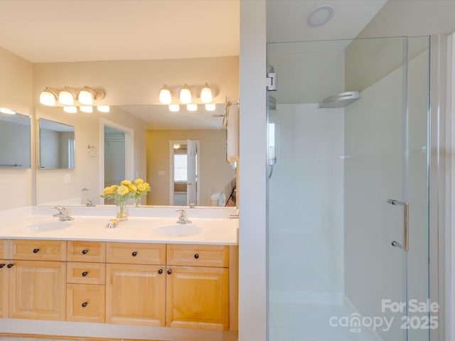 bathroom featuring double vanity, a walk in shower, and a sink