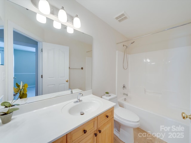 bathroom with shower / bath combination, visible vents, vanity, and toilet