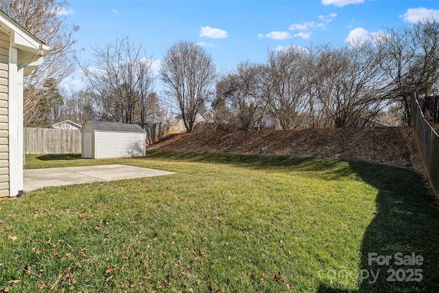 view of yard with an outdoor structure, a fenced backyard, a patio, and a storage shed