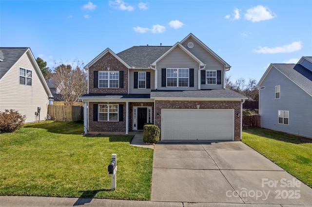 traditional-style house featuring a garage, concrete driveway, brick siding, and fence