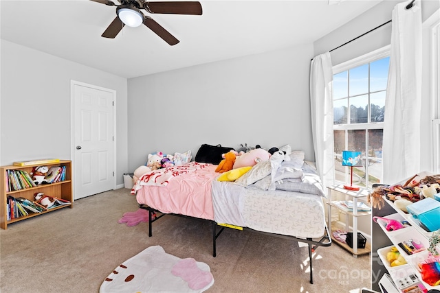 bedroom featuring carpet floors and ceiling fan