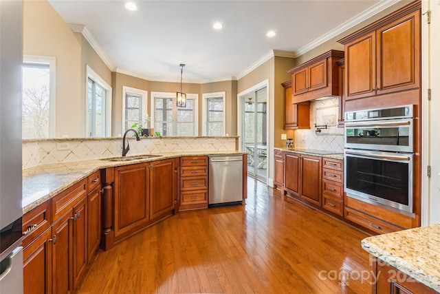 kitchen with dark wood-style floors, stainless steel appliances, a sink, and a wealth of natural light