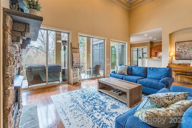 living room with light wood-type flooring, a towering ceiling, crown molding, and recessed lighting