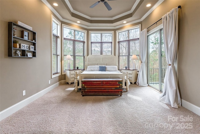 bedroom featuring access to outside, multiple windows, crown molding, and baseboards