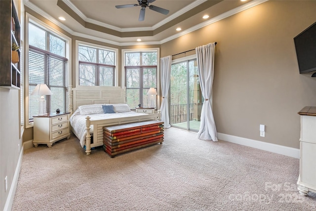 bedroom with access to outside, ornamental molding, carpet flooring, and recessed lighting