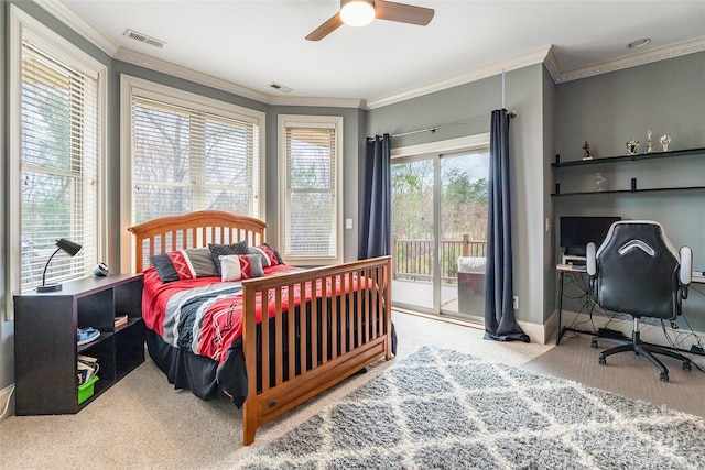 bedroom with access to outside, ornamental molding, carpet, and visible vents