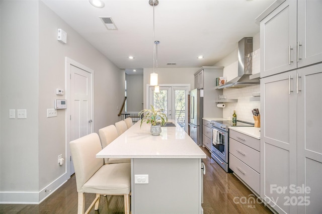 kitchen featuring a center island, wall chimney range hood, decorative backsplash, a kitchen breakfast bar, and stainless steel appliances