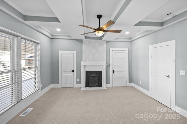 unfurnished living room featuring ceiling fan, coffered ceiling, visible vents, baseboards, and beamed ceiling