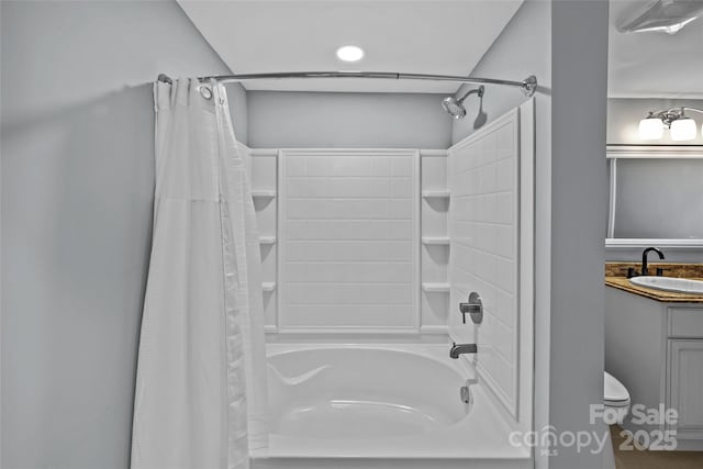 full bath featuring shower / tub combo and vanity