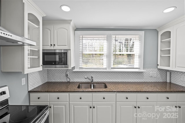 kitchen featuring wall chimney exhaust hood, glass insert cabinets, stainless steel appliances, and a sink