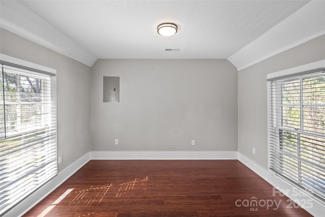 spare room featuring a healthy amount of sunlight, vaulted ceiling, and wood finished floors