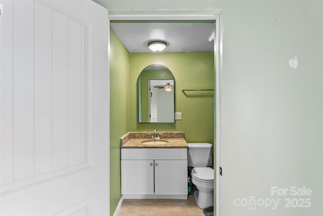 bathroom with tile patterned flooring, toilet, and vanity