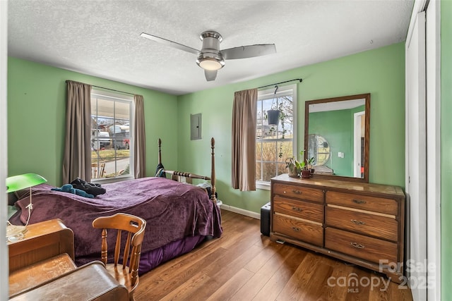 bedroom with dark wood finished floors, multiple windows, baseboards, and a textured ceiling