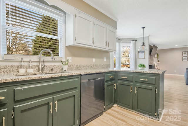 kitchen featuring green cabinets, white cabinets, a sink, dishwasher, and a peninsula