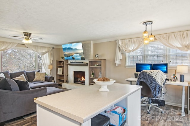 interior space featuring a fireplace, dark wood-style flooring, a wealth of natural light, and light countertops