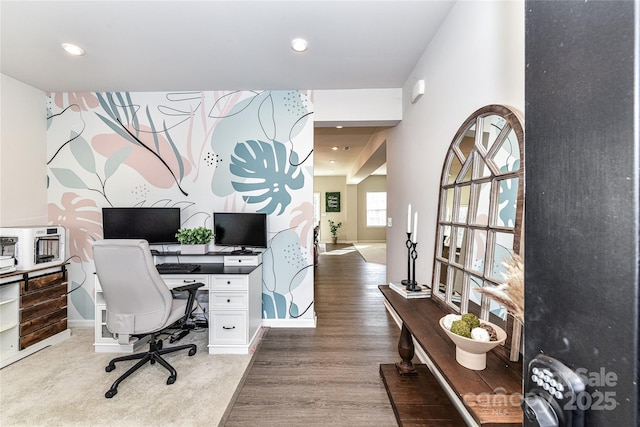 office space with recessed lighting, wood finished floors, and baseboards