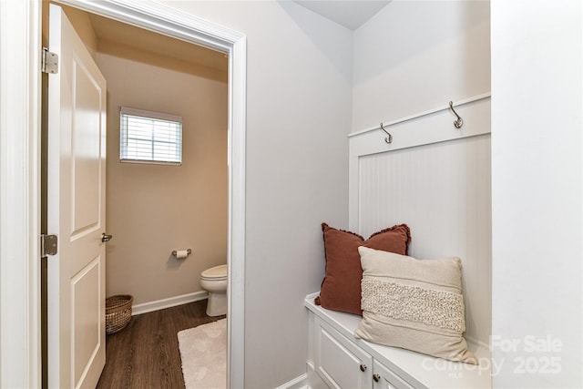 bathroom with toilet, wood finished floors, and baseboards