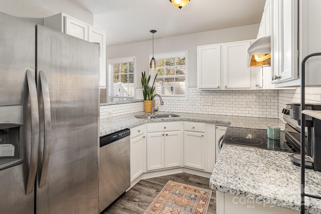 kitchen featuring tasteful backsplash, white cabinets, dark wood-style flooring, stainless steel appliances, and a sink