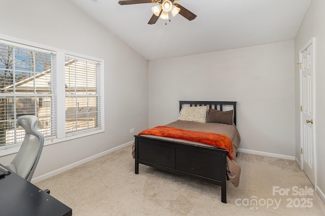 bedroom with lofted ceiling, carpet, baseboards, and ceiling fan