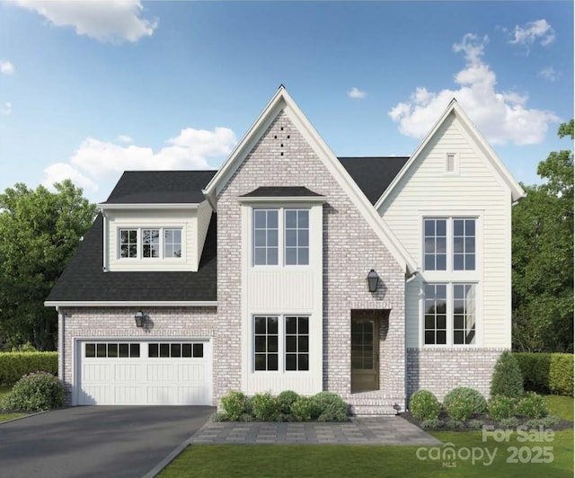 view of front facade featuring aphalt driveway, an attached garage, and brick siding