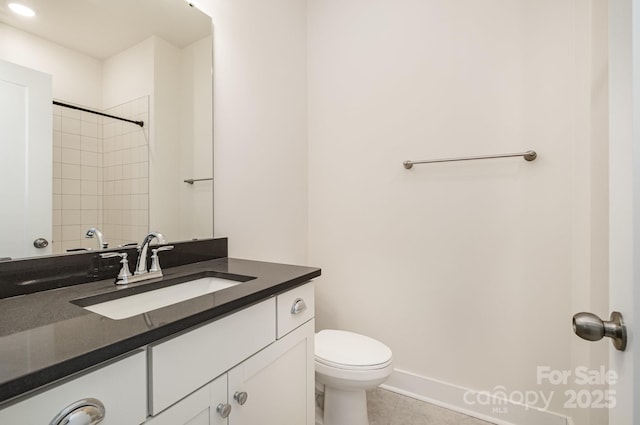 full bath featuring baseboards, a shower, toilet, tile patterned floors, and vanity