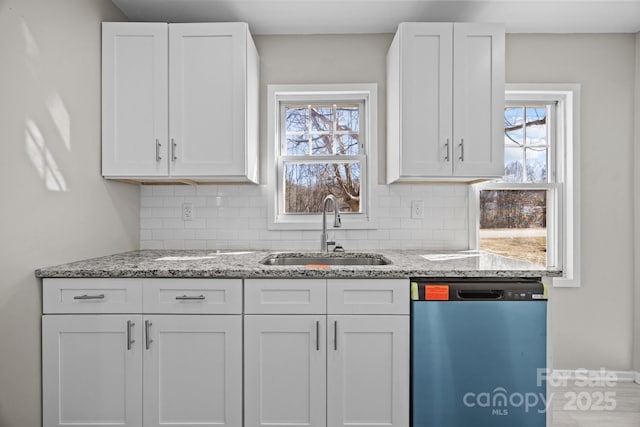 kitchen featuring white cabinets, dishwasher, and a sink