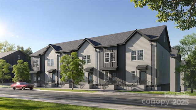 view of front of home featuring a residential view and board and batten siding