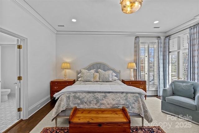 bedroom with recessed lighting, wood finished floors, visible vents, baseboards, and crown molding