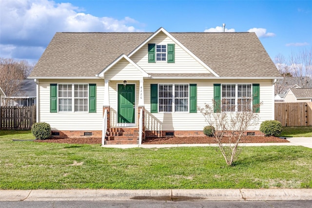 bungalow-style house with crawl space, a front lawn, and fence