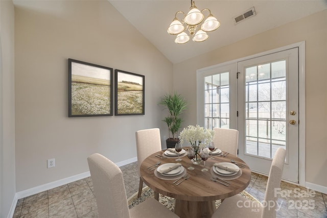 dining room featuring lofted ceiling, baseboards, visible vents, and a chandelier