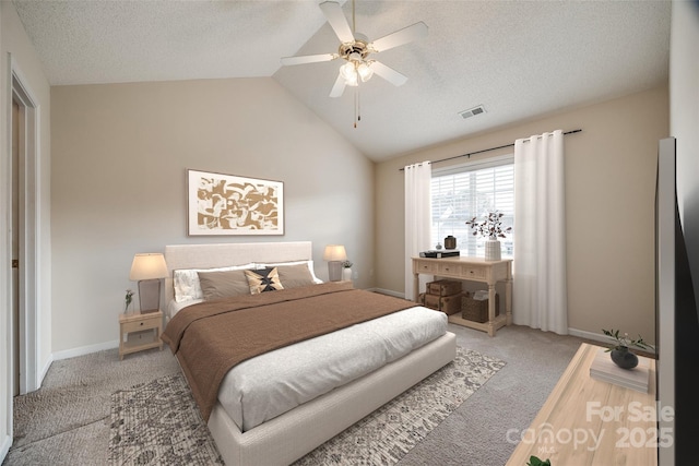 carpeted bedroom with visible vents, lofted ceiling, a textured ceiling, and baseboards