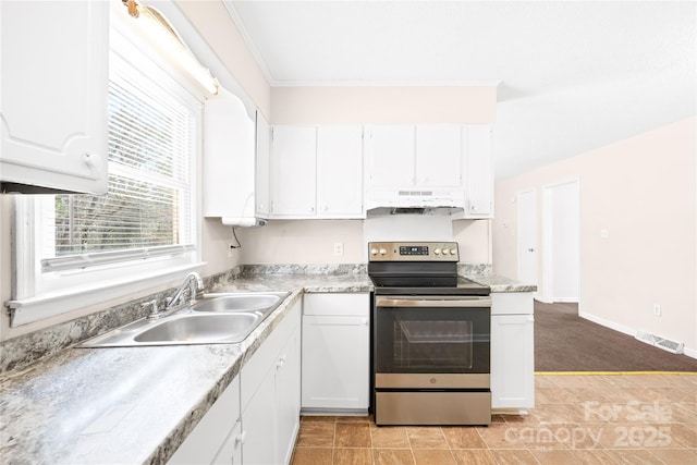 kitchen with stainless steel electric stove, white cabinets, ventilation hood, and a sink