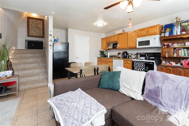 kitchen featuring ceiling fan, light tile patterned floors, white appliances, open floor plan, and open shelves