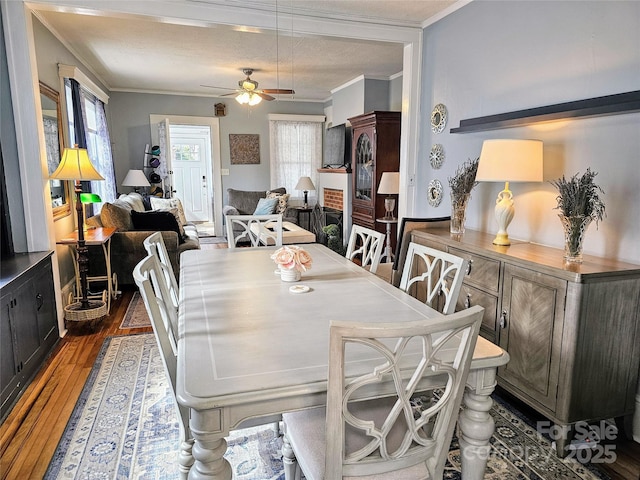 dining space featuring ceiling fan, a textured ceiling, dark wood finished floors, and crown molding