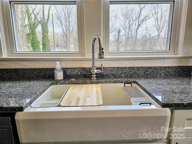 room details featuring dark countertops, a sink, and decorative backsplash