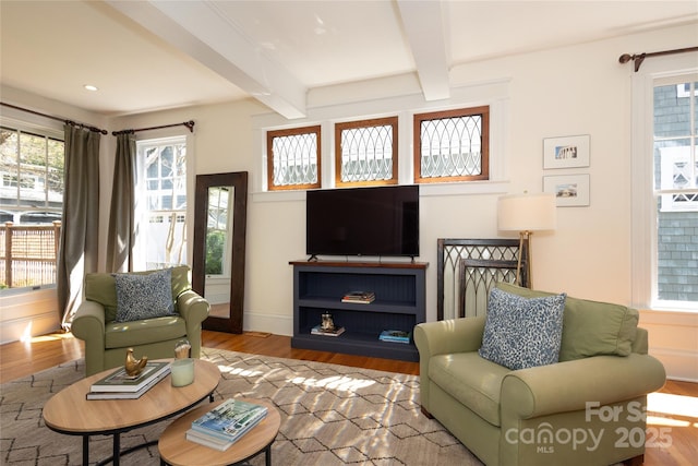 living area featuring baseboards, wood finished floors, and beam ceiling
