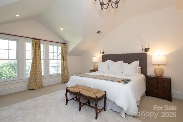 bedroom with carpet flooring, visible vents, vaulted ceiling, and recessed lighting