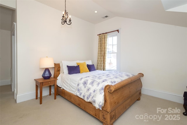 bedroom featuring lofted ceiling, baseboards, light colored carpet, visible vents, and recessed lighting