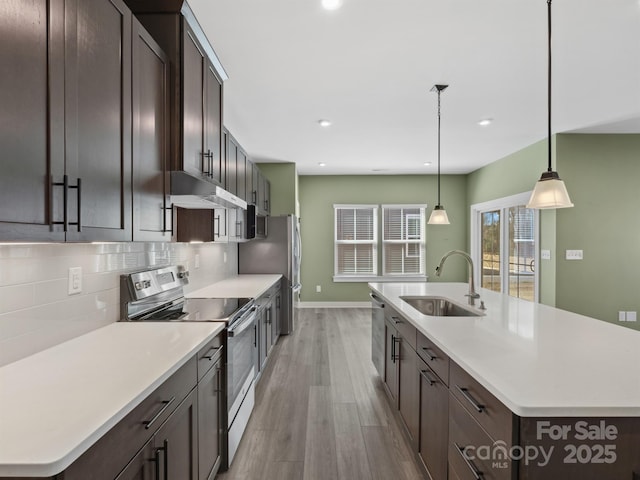 kitchen featuring stainless steel appliances, dark brown cabinets, a sink, and under cabinet range hood