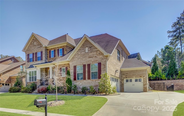 craftsman house with a front yard, concrete driveway, and brick siding