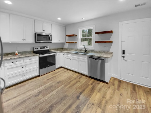 kitchen featuring open shelves, visible vents, appliances with stainless steel finishes, white cabinets, and a sink