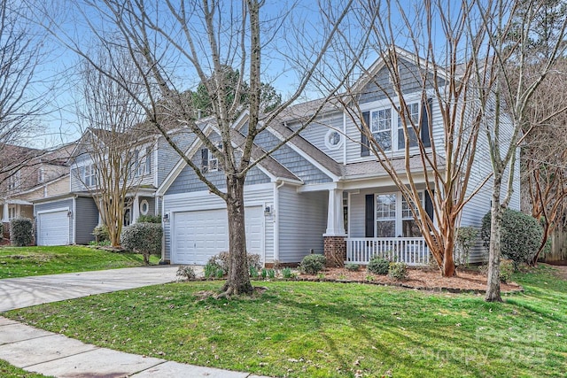 view of front of property with driveway, covered porch, an attached garage, and a front yard