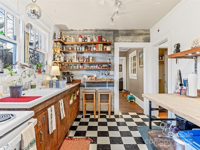 kitchen with dark floors, brown cabinets, rail lighting, open shelves, and a sink