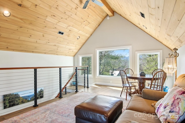 living area featuring lofted ceiling with beams, wooden ceiling, visible vents, and wood finished floors