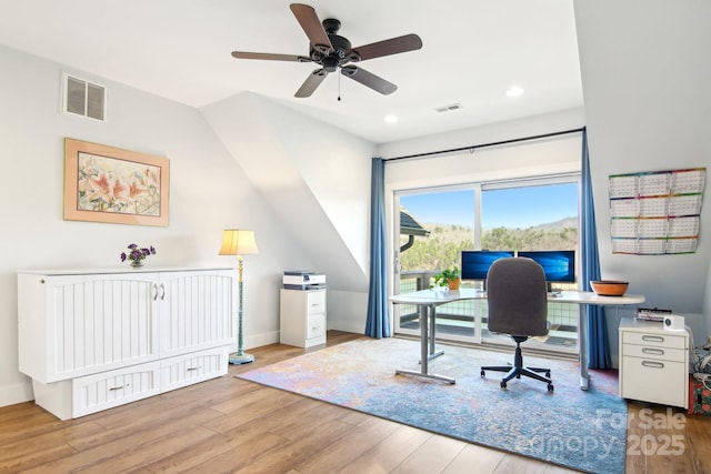 office area with baseboards, wood finished floors, visible vents, and recessed lighting