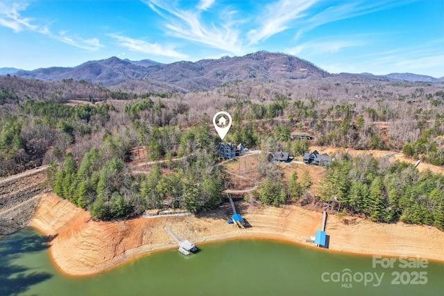 birds eye view of property with a mountain view and a wooded view