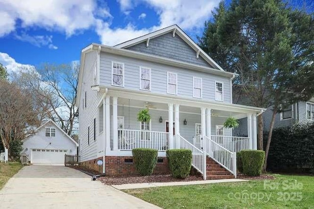 view of front facade featuring an outbuilding, a porch, crawl space, and a garage