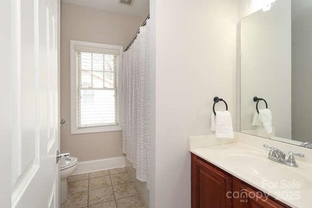 full bath with visible vents, toilet, vanity, baseboards, and tile patterned floors