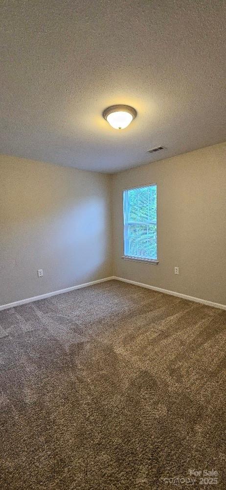 carpeted spare room featuring a textured ceiling and baseboards