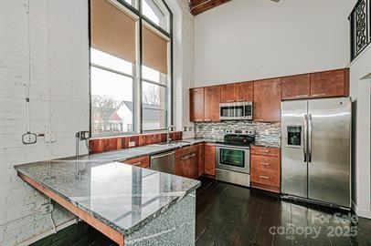 kitchen featuring a peninsula, appliances with stainless steel finishes, a towering ceiling, and dark wood-style flooring